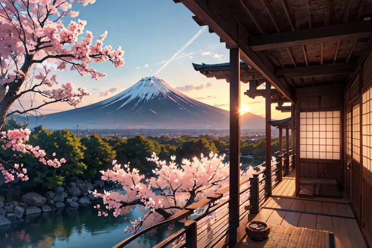 Landscape photo of Mount Fuji, Japan, view from onsen hot spring balcony, sakura trees, (realistic, masterpiece, best quality, ultra-detailed, intricate details, extremely detailed), 2k, 4k, 8k, dslr, photography, physically based rendering, ray-tracing, global illumination