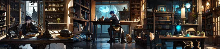 (otherworldly, otherworldly atmosphere, otherworldly appearance), highly insanely detailed, masterpiece, top quality, best quality, highres, 4k, 8k, RAW photo, a boy sitting at a table in a room filled with shelves and a cat on the floor in front of him, Cedric Seaut (Keos Masons), 2 d game art, concept art, magic realism, (fantasy world)