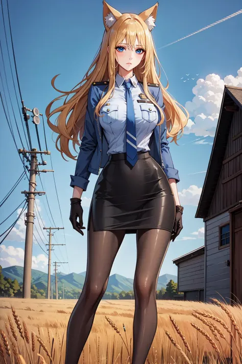 1girl, animal ear fluff, animal ears, barn, black gloves, black pantyhose, blonde hair, blue eyes, blue jacket, blue necktie, blue shirt, breasts, closed mouth, cloud, dress shirt, expressionless, feet out of frame, grey sky, high collar, jacket, large breasts, long hair, long sleeves, necktie, open clothes, open jacket, outdoors, pantyhose, pencil skirt, police, police uniform, power lines, shirt, shirt tucked in, sidelocks, sideways glance, sky, solo, standing, utility pole, wheat field, masterpiece, best quality