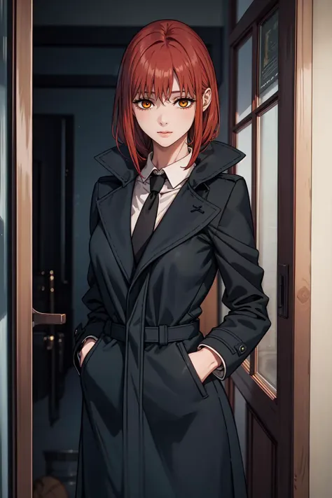 1girl, makima, black coat, coat, dark, doorway, formal, horror (theme), looking at viewer, medium hair, red hair, ringed eyes, solo, suit, yellow eyes, masterpiece, best quality, <lora:Makima:0.6>, <lora:LowRA:0.5>