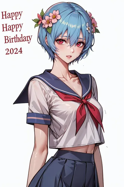 1girl, ayanami rei, neon genesis evangelion, 2024, blue flower, blue hair, blue skirt, collarbone, collared shirt, dated, flower, hair between eyes, hair flower, hair ornament, hair ribbon, happy birthday, head wreath, looking at viewer, neck ribbon, parted lips, pink flower, pink ribbon, red eyes, red ribbon, ribbon, sailor collar, sailor shirt, school uniform, shirt, short hair, short sleeves, simple background, skirt, solo, standing, tokyo-3 middle school uniform, white background, white flower, white shirt, masterpiece, best quality
