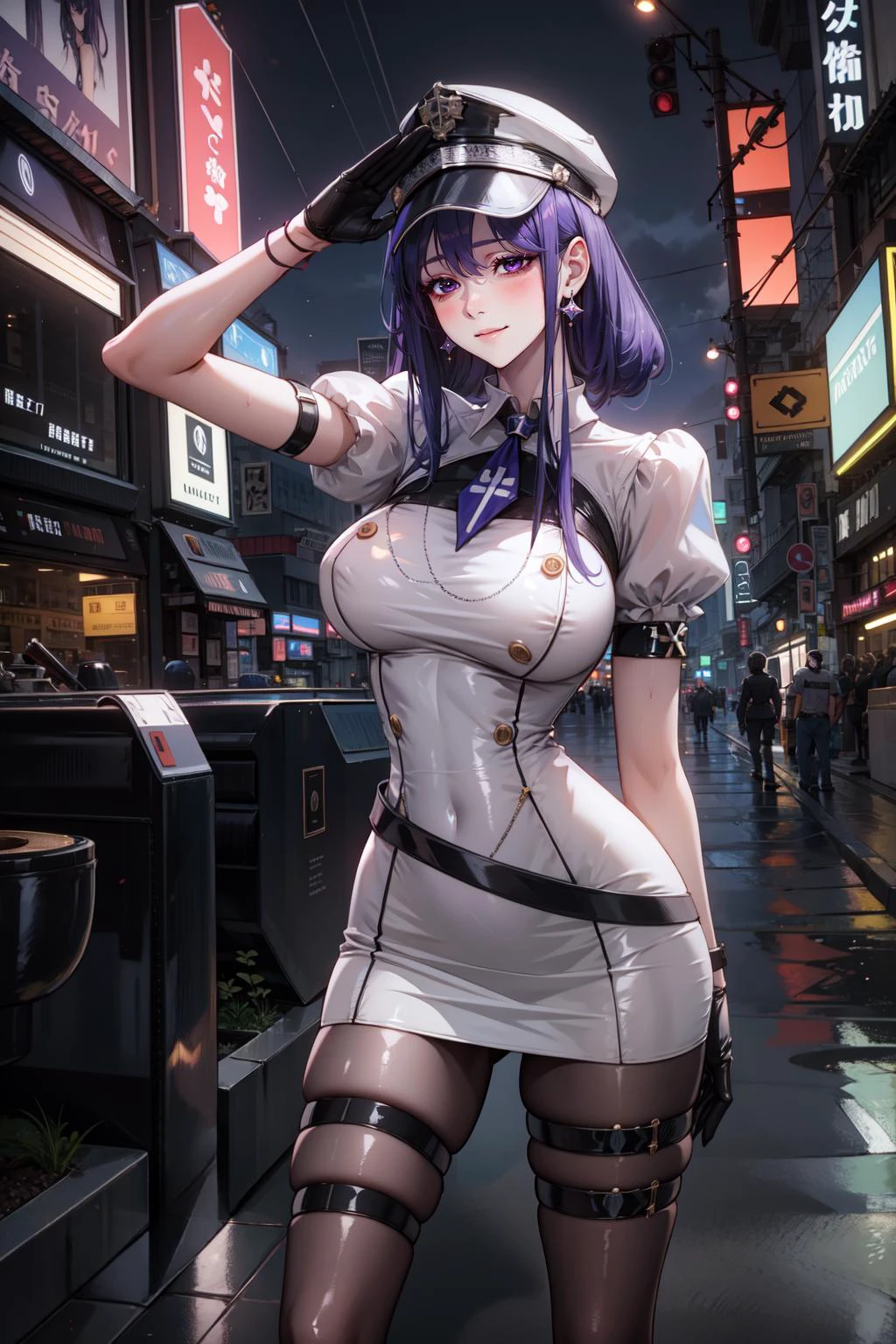 1girl, masterpiece, best quality, absurdres, outdoors, city, night, neon signs, cyberpunk, looking at viewer, lemon0001, white dress, uniform, black pantyhose, belt, purple medium hair, black hat, peaked cap, black gloves, puffy short sleeves, thigh strap, high heel boots, full body, salute, standing, <lora:lemon0001-Raiden Shogun policewoman costume_v3:0.7>