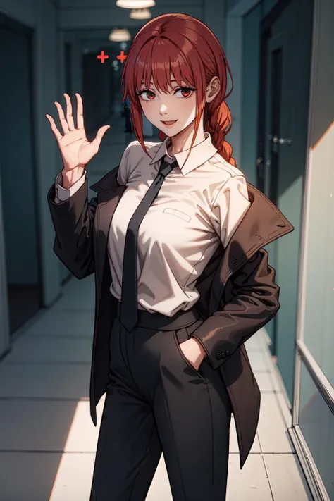 1girl, makima, braided ponytail, , black coat, black necktie, black pants, blood on ground, blood on wall, braided ponytail, coat, collared shirt, dark, formal, hallway, horror (theme), looking at viewer, necktie, pants, shirt, shirt tucked in, smeared blood, smile, solo, suit, twitter username, waving, white shirt, wide shot, masterpiece, best quality, <lora:Makima:0.6>