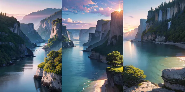 highly insanely detailed, masterpiece, top quality, best quality, highres, 4k, 8k, RAW photo, morning glow, pastel sky, sun rays, peaceful atmosphere, early morning serenity, horizon, night, ocean, planet, town, river, rock, scenery, water, watercraft, waterfall