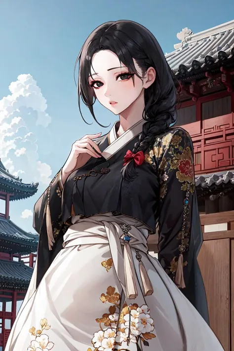 masterpiece, best quality, extremely detailed CG unity 8k wallpaper, (ultra detailed), (ultra realistic), RAW photo, photorealistic, 8k, high res, extremely detailed face, sharp focus, intricate details, absurdres, sun, cloud, wind, nature, east asian architecture, beautiful detailed sky, 1girl, (korean clothes, long sleeve, hanbok), black hair, low braid hair, parted bangs, (pale skin:1.2), black gradient eyes, glowing black eyes, <lora:hanboka-000003:0.8>