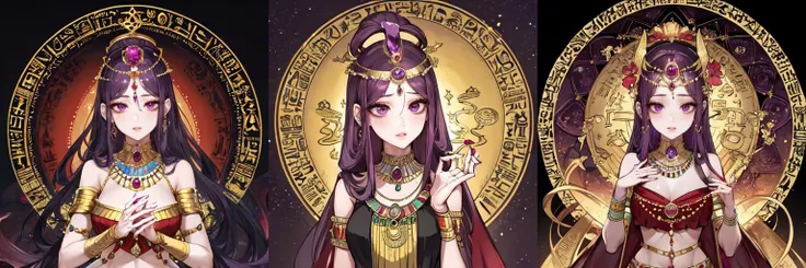 highly insanely detailed, masterpiece, top quality, best quality, highres, 4k, 8k, RAW photo, (very aesthetic, beautiful and aesthetic), smoke_from_head
((1girl , qfo and fopusa )),lotus,jewelry,flower,crown,circle and mantra,<lora:pusav10:0.5>
(Amethyst, Amethyst \(gemstone\), purple gemstone, jade \(gemstone\), red gemstone, ruby \(gemstone\)),
((ancient egyptian theme:1.2)), ancient egyptian symbol,