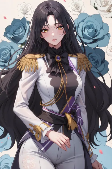 1girl, dominique_de_sade, black hair, long hair, parted bangs, yellow eyes, parted lips, vibrant colors, natural lighting, bow, bowtie, epaulettes, white shirt, frilled shirt collar, frills, shoulder sash, glint, sideways glance, flower, blue flower, white flower, blue rose, white rose, petals, floral print, floral print background, looking at viewer, cowboy shot, masterpiece, best quality, high quality, highres, <lora:dominique_de_sade:0.7>