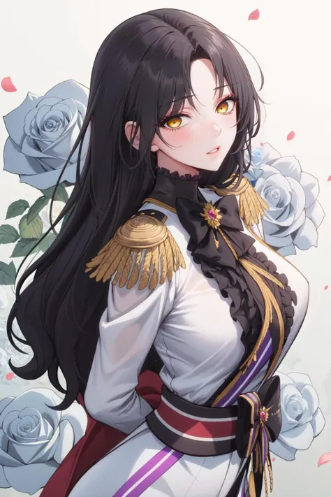 1girl, dominique_de_sade, black hair, long hair, parted bangs, yellow eyes, parted lips, vibrant colors, natural lighting, bow, bowtie, epaulettes, white shirt, frilled shirt collar, frills, shoulder sash, glint, arms behind back, flower, blue flower, white flower, blue rose, white rose, petals, floral print, floral print background, looking at viewer, upper body, masterpiece, best quality, high quality, highres, <lora:dominique_de_sade:0.7>