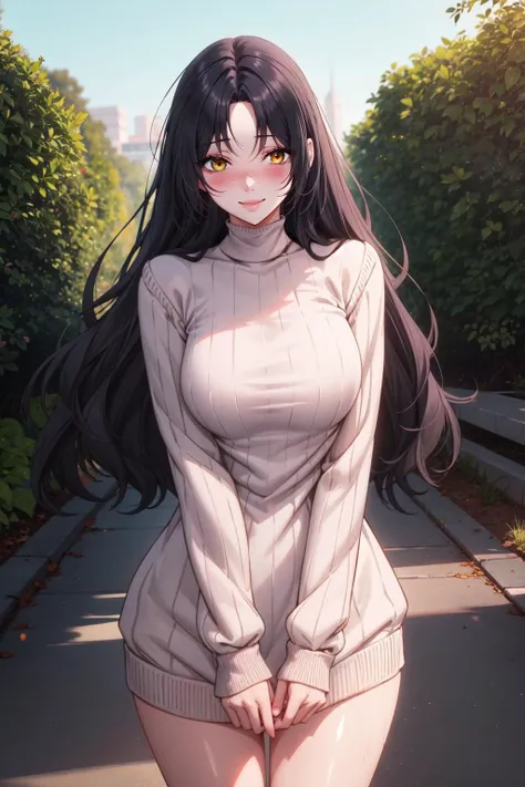 1girl, dominique_de_sade, black hair, long hair, parted bangs, yellow eyes, embarrassed, blush, smile, sweater, white sweater, white shirt, long sleeves, closed clothes, bottomless, vibrant colors, natural lighting, beautiful, looking at viewer, outdoors, masterpiece, best quality, <lora:dominique_de_sade:0.7>