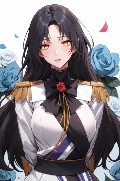 1girl, dominique_de_sade, black hair, long hair, parted bangs, yellow eyes, parted lips, vibrant colors, natural lighting, bow, bowtie, epaulettes, white shirt, frilled shirt collar, frills, shoulder sash, glint, arms behind back, flower, blue flower, white flower, blue rose, white rose, petals, floral print, floral print background, looking at viewer, upper body, masterpiece, best quality, high quality, highres, <lora:dominique_de_sade:0.7>