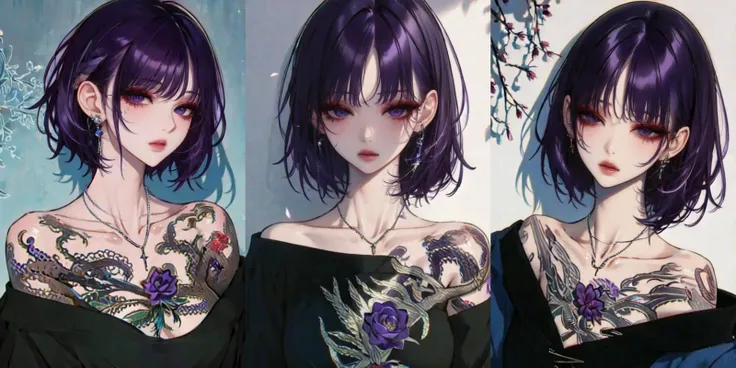 highly insanely detailed, masterpiece, top quality, best quality, highres, 4k, 8k, RAW photo, (very aesthetic, beautiful and aesthetic), looking at viewer, upper body, <lora:female_portrait:1>, tatoo, fashion, cool, makeup, bare shoulders, bangs, short hair, necklace, indoors, (purple hair:1.35), blue rose,
__lazy-wildcards/dataset/background-color__,
(flower, falling petals, petals on liquid, petals, cherry blossom:0.8),
âââ