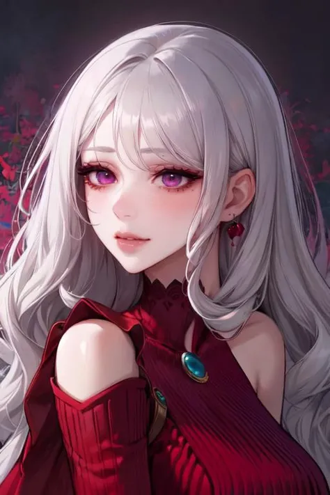 (otherworldly), highly insanely detailed, masterpiece, top quality, best quality, highres, 4k, 8k, RAW photo, (very aesthetic, beautiful and aesthetic), (Face focus, face closeup, face and shoulder only, Portrait, upper_body, face photo), 1girl, (gray eyes) ,eyelashes_behind_hair , medium hair,platinum blonde hair, parted bangs , red clothes, (wavy mouth:1.4), indigo lips, , cyan and magenta background,, (fantasy world)
