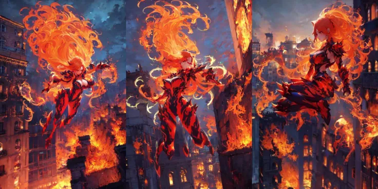highly insanely detailed, masterpiece, top quality, best quality, highres, 4k, 8k, RAW photo, (very aesthetic, beautiful and aesthetic), ((a woman jumping from a building, floating, casting huge fire magic)),
<lora:WildfirezyraLoRA:1>,
(1girl, long hair, fire, fiery hair, glowing, vines around arms, spikes, armor)