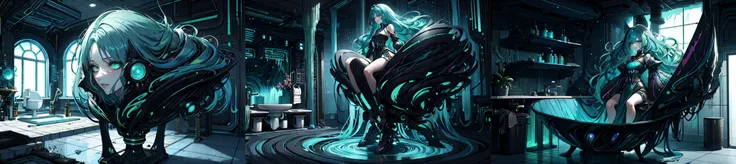 (otherworldly), highly insanely detailed, masterpiece, top quality, best quality, highres, 4k, 8k, RAW photo, (very aesthetic, beautiful and aesthetic), <lora:NeoFalmerWorld1.0:0.7>, neofalmerworld, scifi,
(bathroom with toilet and bath with a sink:1.2),
chitin, (chitin theme:1.2),
green glow,
(rough jagged texture:1.3),
1girl, armoured dress,
medium hair, cyan hair, rainbow hair, Iridescence hair, split-color hair, dual-toned hair, two-tone hair, fringe haircut hair, tousled waves hair, boho waves hair, long layers hair, abstract representation of the girl in her flowing hair,
pure black background, transparent background, (fantasy world)âââ