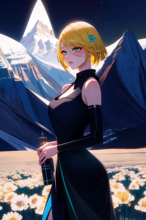 1girl, (stylized by Charley Harper:0.9) and (Charles E. Burchfield:0.9) , colorful sci-fi style, Rule of Thirds, Baggy Formal ([The Maldives:Tundra:3]:1.3) from inside of The Canadian Rockies, dense field with Flower Bulb, Sun in the sky, Detailed illustration, Fearful, Naive Art, Black lighting, F/1.8, fluorescent green color grading, sloppy strokes, sfumato, extremely hyper aesthetic, ultra high res