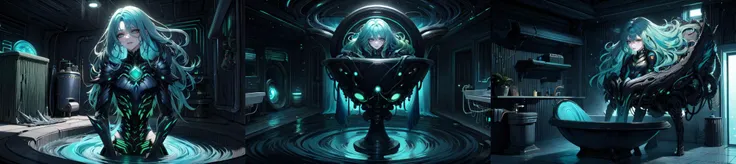 (otherworldly), highly insanely detailed, masterpiece, top quality, best quality, highres, 4k, 8k, RAW photo, (very aesthetic, beautiful and aesthetic), <lora:NeoFalmerWorld1.0:0.7>, neofalmerworld, scifi,
(bathroom with toilet and bath with a sink:1.2),
chitin, (chitin theme:1.2),
green glow,
(rough jagged texture:1.3),
1girl, armoured dress,
medium hair, cyan hair, rainbow hair, Iridescence hair, split-color hair, dual-toned hair, two-tone hair, fringe haircut hair, tousled waves hair, boho waves hair, long layers hair, abstract representation of the girl in her flowing hair,
pure black background, transparent background, (fantasy world)âââ