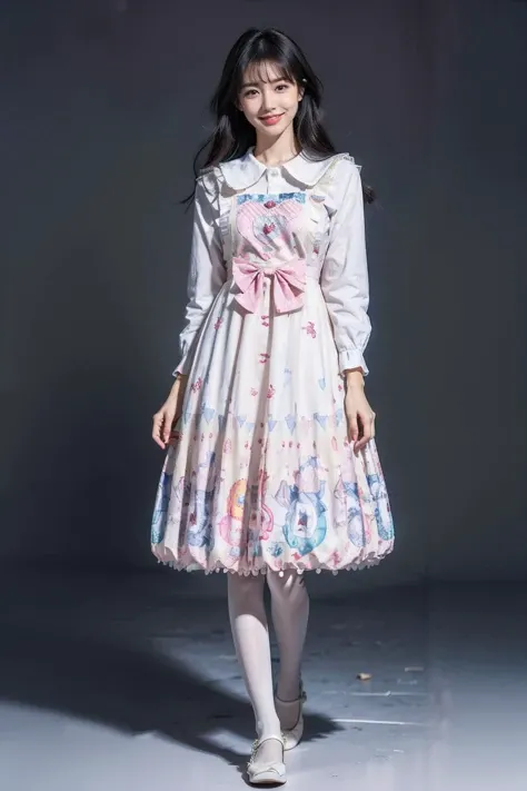best quality, masterpiece, realistic, photorealistic, 1girl, solo, looking at viewer, smile, full body, standing, long black hair, bangs, cyb dress, white shirt, pinafore dress, print dress, white pantyhose, shoes, simple background, <lora:sweet_attire_style3_v1:0.7>
