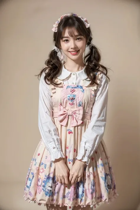 best quality, masterpiece, realistic, photorealistic, 1girl, solo, looking at viewer, smile, cowboy shot, standing, low twintails, hair bow, hair hair ornament, hair ribbon, bangs, cyb dress, white shirt, pinafore dress, print dress, simple background, <lora:sweet_attire_style3_v1:0.7>