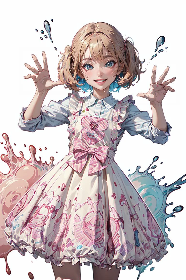 (best quality, ultra detailed), vector art, vivid color, colorful, 1girl, smile, dynamic pose, inkpunk, inked, ink splashes, cyb dress, white shirt, pinafore dress, print dress, <lora:sweet_attire_style3_v1:0.6>, splash background,
