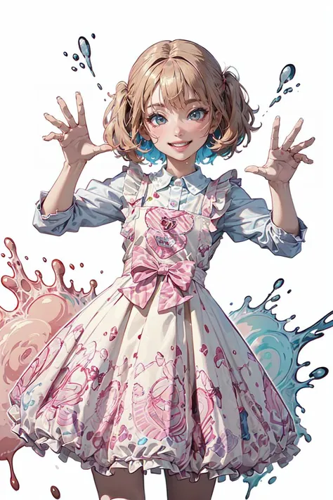 (best quality, ultra detailed), vector art, vivid color, colorful, 1girl, smile, dynamic pose, inkpunk, inked, ink splashes,  cyb dress, white shirt, pinafore dress, print dress, <lora:sweet_attire_style3_v1:0.6>, splash background,