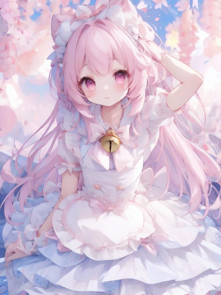 <lora:farusaria:0.6> particle,fa_face,fa_eyes,ichiban iiewo tanomu,(highly detailed image of the puffy\('theme'\)),petite girl,(pink ultra long hair:1.4), little timid bashful,(very motion at vigor:1.5),sfw <lora:sweet_attire_style4_v1:0.8> (cyb dress, puffy short sleeves, bow),white thighhighs