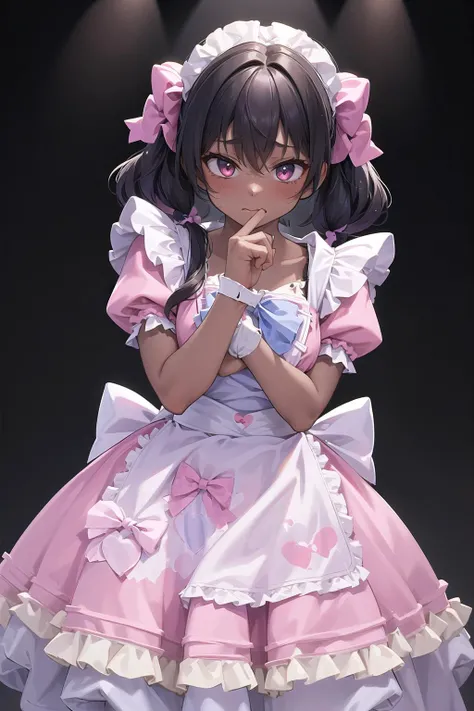 best quality, ultra-detailed, (1girl, solo, <lora:sweet_attire_style1_v1:0.65:1,0,0,0,0,0,0,1,1,1,0,0,0,1,0,0,0,1,1,1,1,0,0,0,0,0>, cyb dress, bow, apron, frills, puffy short sleeves, dark skin , hair between eyes, very embarrassed,), on a starship