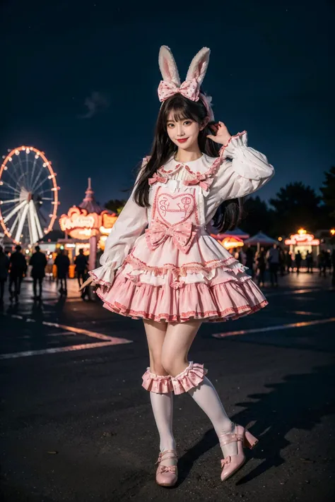 best quality, masterpiece, photorealistic, 1girl, solo, full body, black hair, straight hair, blunt bangs, looking at viewer, smile, cyb dress, frilled dress, layered dress, long sleeves, rabbit ears, hair bow, white thighhighs, pink high heels, amusement park, night, night sky, people, dramatic lighting, colorful, <lora:sweet_attire_style2_v1:0.7>