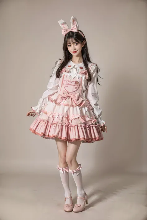 best quality, masterpiece, photorealistic, 1girl, solo, full body, standing, arms at sides, black hair, straight hair, blunt bangs, looking at viewer, smile, cyb dress, frilled dress, layered dress, long sleeves, rabbit ears, white thighhighs, pink high heels, simple background, <lora:sweet_attire_style2_v1:0.7>