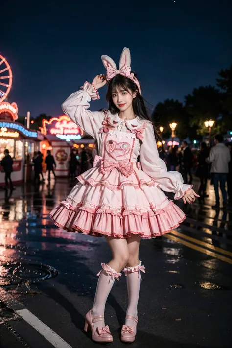 best quality, masterpiece, photorealistic, 1girl, solo, full body, black hair, straight hair, blunt bangs, looking at viewer, smile, cyb dress, frilled dress, layered dress, long sleeves, rabbit ears, hair bow, white thighhighs, pink high heels, amusement park, night, night sky, people, dramatic lighting, colorful, <lora:sweet_attire_style2_v1:0.7>