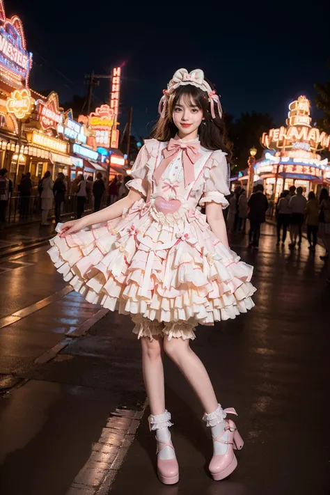 best quality, masterpiece, realistic, photorealistic, 1girl, solo, smile, black hair, long hair, standing, full body, cyb dress, dress, pink dress, layered dress, frilled dress, short sleeves, bloomers, white bloomers, ribbon, bowtie, frills, bow, dress bow, heart symbol, hair bow, hair ornament, frilled socks, platform heels, night, light, neon light, amusement park, people, detailed background, <lora:sweet_attire_style5_v1:0.7>, <lora:Background Detail Enhanced_Si_v3.0:1.5>