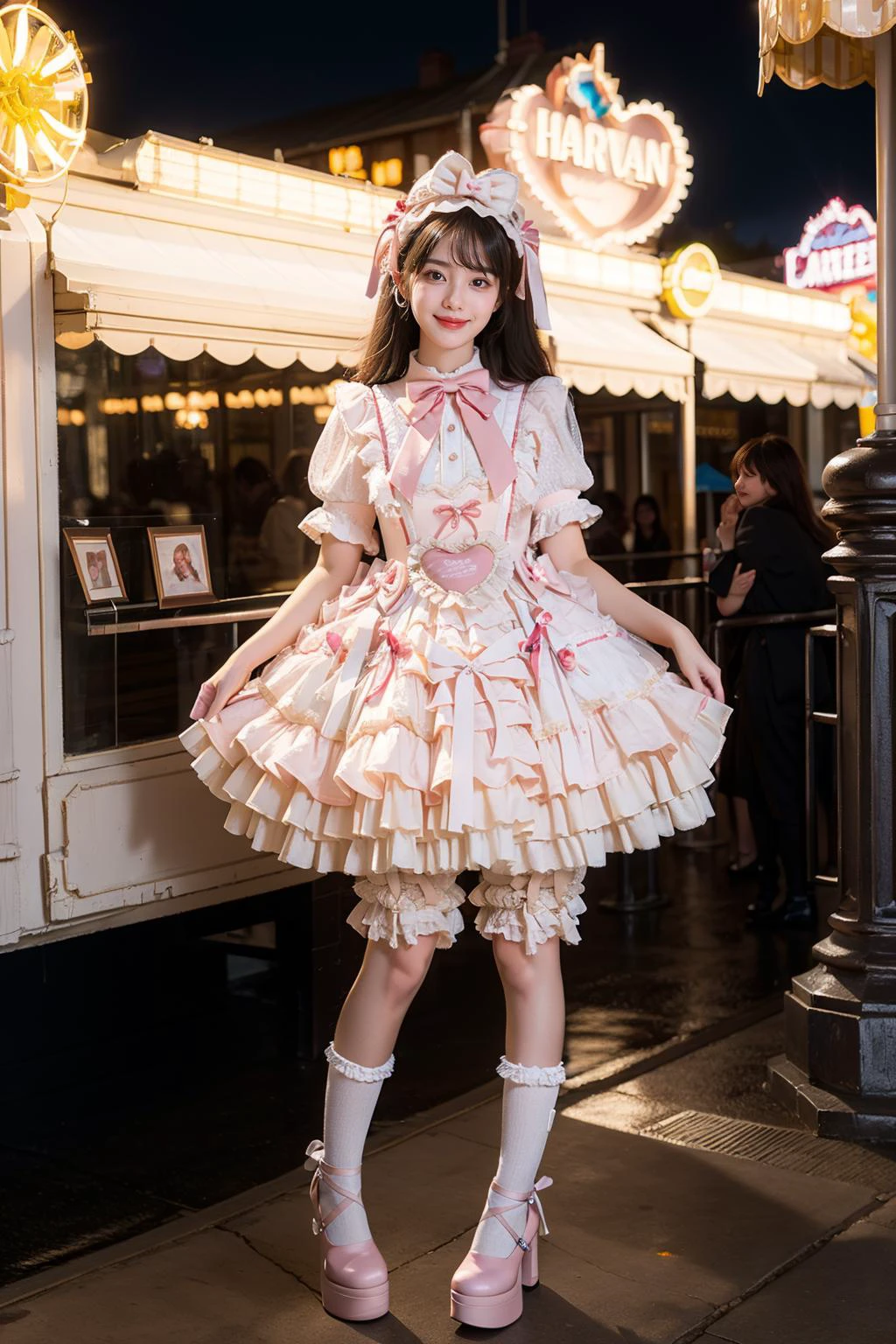 best quality, masterpiece, realistic, photorealistic, 1girl, solo, smile, black hair, long hair, standing, full body, cyb dress, dress, pink dress, layered dress, frilled dress, short sleeves, bloomers, white bloomers, ribbon, bowtie, frills, bow, dress bow, heart symbol, hair bow, hair ornament, frilled socks, platform heels, night, light, neon light, amusement park, people, detailed background, <lora:sweet_attire_style5_v1:0.7>, <lora:Background Detail Enhanced_Si_v3.0:1.5>
