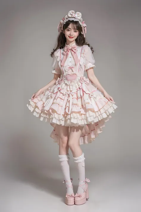 best quality, masterpiece, realistic, photorealistic, 1girl, solo, smile, black hair, long hair, standing, full body, cyb dress, dress, pink dress, layered dress, frilled dress, short sleeves, ribbon, bowtie, frills, bow, dress bow, heart symbol, hair bow, hair ornament, frilled socks, platform heels, pink background, <lora:sweet_attire_style5_v1:0.7>