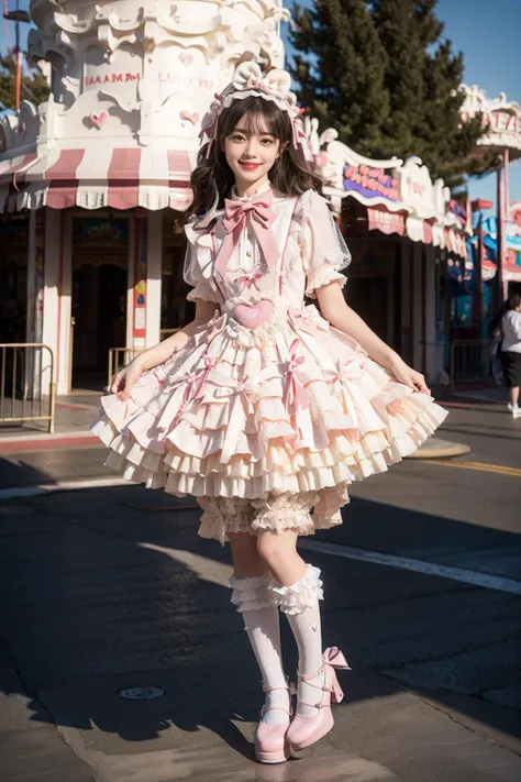 best quality, masterpiece, realistic, photorealistic, 1girl, solo, smile, black hair, long hair, standing, full body, cyb dress, dress, pink dress, layered dress, frilled dress, short sleeves, bloomers, white bloomers, ribbon, bowtie, frills, bow, dress bow, heart symbol, hair bow, hair ornament, frilled socks, platform heels, amusement park, people, detailed background, <lora:sweet_attire_style5_v1:0.7>, <lora:Background Detail Enhanced_Si_v3.0:1.5>