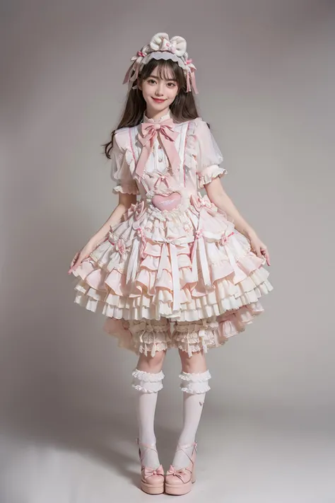 best quality, masterpiece, realistic, photorealistic, 1girl, solo, smile, black hair, long hair, standing, full body, cyb dress, dress, pink dress, layered dress, frilled dress, short sleeves, bloomers, white bloomers, ribbon, bowtie, frills, bow, dress bow, heart symbol, hair bow, hair ornament, frilled socks, platform heels, pink background, <lora:sweet_attire_style5_v1:0.7>