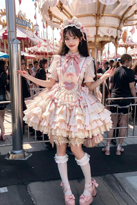 best quality, masterpiece, realistic, photorealistic, 1girl, solo, smile, black hair, long hair, standing, full body, cyb dress, dress, pink dress, layered dress, frilled dress, short sleeves, bloomers, white bloomers, ribbon, bowtie, frills, bow, dress bow, heart symbol, hair bow, hair ornament, frilled socks, platform heels, amusement park, people, detailed background, <lora:sweet_attire_style5_v1:0.7>, <lora:Background Detail Enhanced_Si_v3.0:1.5>