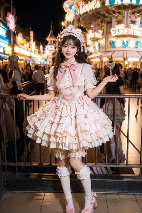 best quality, masterpiece, realistic, photorealistic, 1girl, solo, smile, black hair, long hair, standing, full body, cyb dress, dress, pink dress, layered dress, frilled dress, short sleeves, bloomers, white bloomers, ribbon, bowtie, frills, bow, dress bow, heart symbol, hair bow, hair ornament, frilled socks, platform heels, amusement park, people, detailed background, <lora:sweet_attire_style5_v1:0.7>, <lora:Background Detail Enhanced_Si_v3.0:1.5>