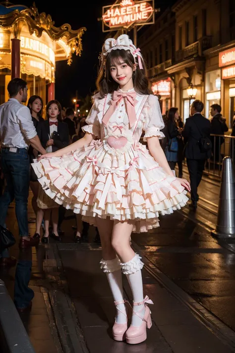 best quality, masterpiece, realistic, photorealistic, 1girl, solo, smile, black hair, long hair, standing, full body, cyb dress, dress, pink dress, layered dress, frilled dress, short sleeves, ribbon, bowtie, frills, bow, dress bow, heart symbol, hair bow, hair ornament, frilled socks, platform heels, amusement park, people, detailed background, <lora:sweet_attire_style5_v1:0.7>