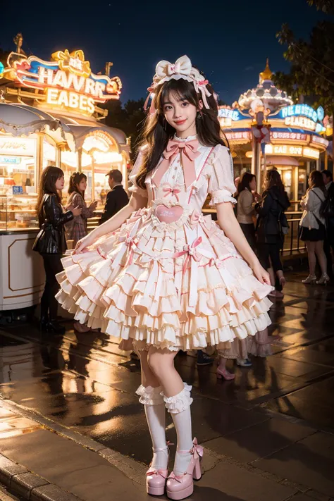 best quality, masterpiece, realistic, photorealistic, 1girl, solo, smile, black hair, long hair, standing, full body, cyb dress, dress, pink dress, layered dress, frilled dress, short sleeves, bloomers, white bloomers, ribbon, bowtie, frills, bow, dress bow, heart symbol, hair bow, hair ornament, frilled socks, platform heels, night, light, neon light, amusement park, people, detailed background, <lora:sweet_attire_style5_v1:0.7>, <lora:Background Detail Enhanced_Si_v3.0:1.5>