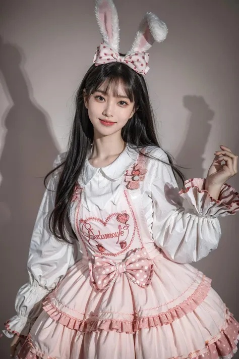 best quality, masterpiece, photorealistic, 1girl, solo, cowboy shot, black hair, straight hair, blunt bangs, looking at viewer, smile, cyb dress, frilled dress, layered dress, long sleeves, rabbit ears, simple background, <lora:sweet_attire_style2_v1:0.7>