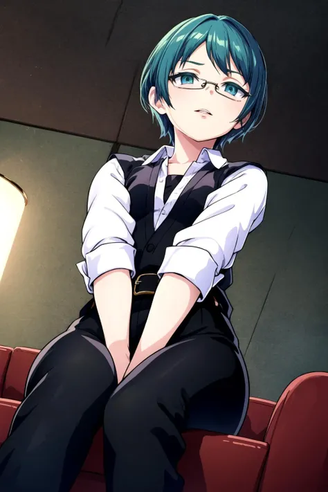 MGCM invy, short hair, green hair, green eyes, glasses, MGCM costume, collared shirt, black vest, long sleeves, belt, black pants, white footwear, <lora:MGCM_invy_ep15:0.7>, BREAK (flat chest), anmnr, <lora:anmnr01:0.17>, beautiful, masterpiece, 8K resolution, extremely detailed face, little girl, 1girl, 1girl, Beautiful woman, 20 years old, eye highlights, (from below), looking at viewer, neutral expression, parted lips, BREAK (sit on the sofa:1.2), (fold your arms:1.3), BREAK anime background, indoors, black sofa, karaoke box, private room, karaoke, mesmerizing lighting, concrete wall, <lora:flat2-dim1:-0.5>