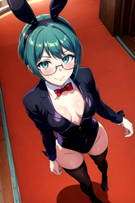 MGCM invy, short hair, green hair, green eyes, glasses, <lora:MGCM_invy_ep15:0.7>, BREAK (flat chest), anmnr, <lora:anmnr01:0.17>, black playboy bunny, black rabbit ears, hairband, black Panty stocking, black high heels, beautiful, masterpiece, 8K resolution, extremely detailed face, 1girl, Beautiful woman, 20 years old, eye highlights, cowboy shot, from above, looking up, smile, blush, BREAK (leaning forward:1.2), (hands on own chest:1.2), BREAK anime background, indoor, casino, stage, red carpet, VIP room, <lora:flat2-dim1:-0.5>