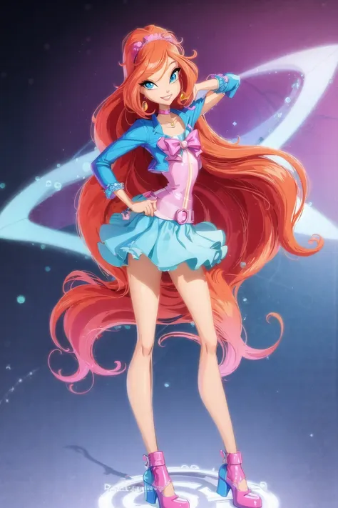 <lora:Bloomv1:0.5>, bloom (winx club), 1girl, blue eyes, bow, choker, full body, gradient, gradient background, hand on hip, jacket, jewelry, long hair, pink background, shoes, skirt, smile, solo, standing, very long hair