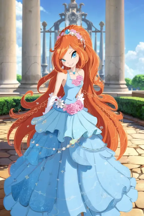 <lora:Bloomv1:0.6>, bloom (winx club), 1girl, aqua eyes, blue eyes, blue sky, blurry, bouquet, bridal veil, castle, cloud, day, depth of field, dress, earrings, flower, gloves, jewelry, long hair, orange hair, pink rose, rose, sky, smile, solo, strapless dress, tiara, veil, wedding dress, (((arms behind back))),