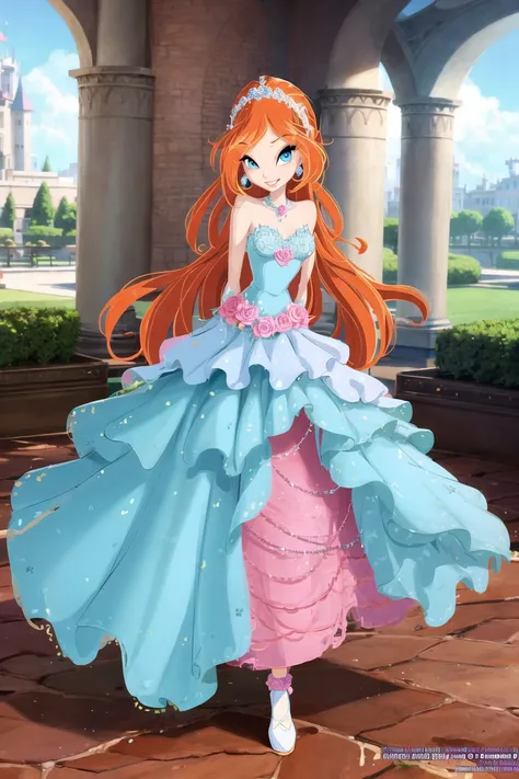 <lora:Bloomv1:0.6>, bloom (winx club), 1girl, aqua eyes, blue eyes, blue sky, blurry, bouquet, bridal veil, castle, cloud, day, depth of field, dress, earrings, flower, gloves, jewelry, long hair, orange hair, pink rose, rose, sky, smile, solo, strapless dress, tiara, veil, wedding dress, (((arms behind back))),