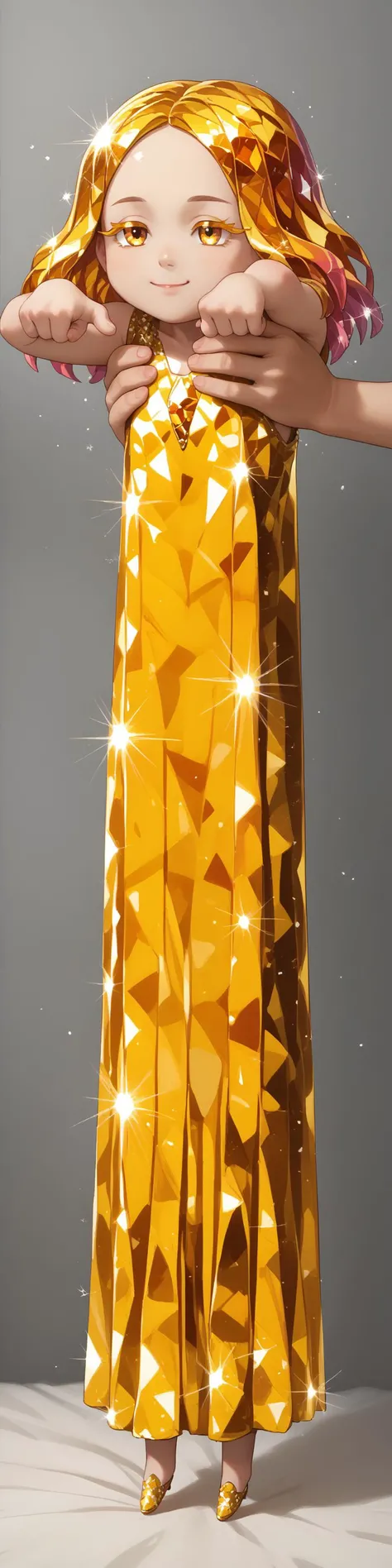 score_9, score_8_up, score_7_up, score_6_up BREAK 1girl, solo, smile, crystalline dress, light particles, hskylw, crystal hair, shiny hair, incrsxlcrystalhair, colored eyelashes, yellow dress, full body, chibi, IncrsXLLCM, holding person <lora:Hoseki_HousekiNoKuni_YellowDiamond_PDXL_v1:1> <lora:crystalline_dress-PD-1.0:0.8> <lora:LongCatMeme_XLPD:1>