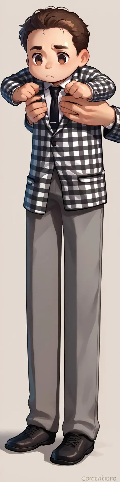 score_9, score_8_up, score_7_up, source_anime, IncrsXLLCM, full body, <lora:LongCatMeme_XLPD:1.1>, chibi, holding person, <lora:benny-fnv-richy-v1_pdxl:1> benny, brown hair, short hair, checkered suit, black necktie, grey pants