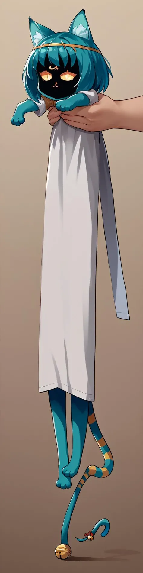 score_9, score_8_up, score_7_up, source_anime, IncrsXLLCM, full body, <lora:LongCatMeme_XLPD:1>, chibi, <lora:suckerforlove_nyanlathotep_ponyXL:0.8> nyanlathotep, blue skin, bob cut, animal ears, animal ear fluff, one-eyed, cat tail, striped tail, tail ornament, tail bell