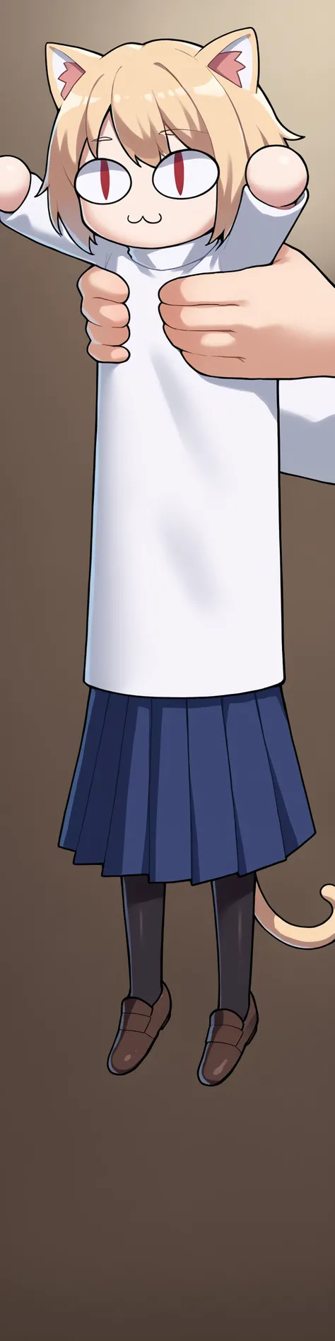 score_9, score_8_up, score_7_up, source_anime, IncrsXLLCM, full body, <lora:LongCatMeme_XLPD:1>, no humans, <lora:necoarc-guy-PONYv1_1:0.9 > necoarc, blonde hair, red eyes, slit pupils, cat ears, :3, chibi, turtleneck, white shirt, blue skirt, pleated skirt, pantyhose, brown footwear, holding person
