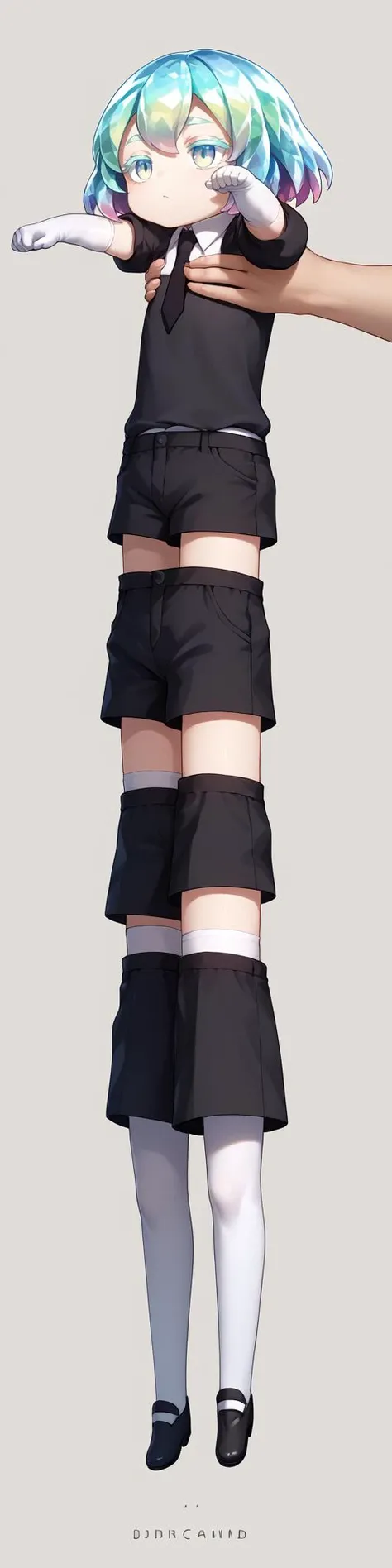 score_9, score_8_up, score_7_up, source_anime, IncrsXLLCM, full body, <lora:LongCatMeme_XLPD:1>, chibi, <lora:Hoseki_HousekiNoKuni_Diamond_PDXL_v1:0.8> hskdmnd, crystal hair, colored eyelashes, multicolored hair, short hair, black shirt, puffy short sleeves, collared shirt, black necktie, elbow gloves, white gloves, black shorts, white thighhighs, black footwear