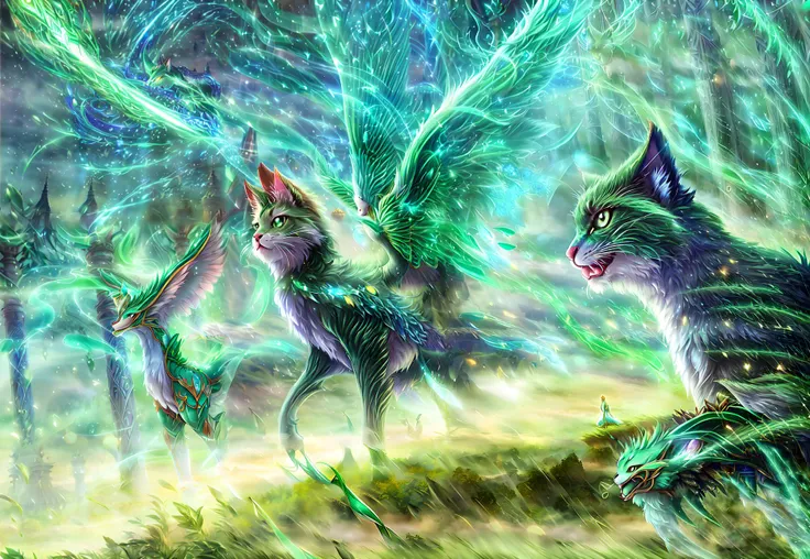 cinematic film still ethereal fantasy concept art of anime artwork (green cat pokémon:1.1), <lora:add_detail:1>, wakabasubaru <lora:Wakaba-Subaru:1> . anime style, key visual, vibrant, studio anime, highly detailed . magnificent, celestial, ethereal, painterly, epic, majestic, magical, fantasy art, cover art, dreamy . shallow depth of field, vignette, highly detailed, high budget Hollywood movie, bokeh, cinemascope, moody, epic, gorgeous, film grain, grainy